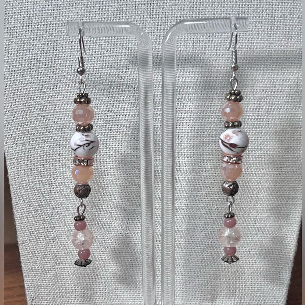 Pink & White Artisan Beaded Drop Earrings